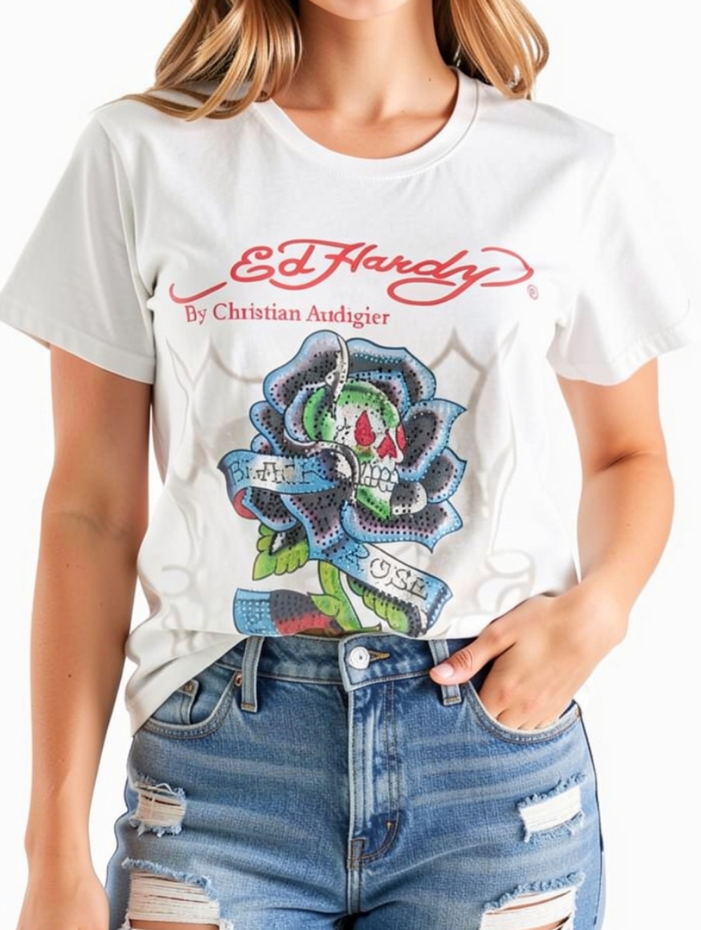 M☠️Ed Hardy Grey Short Sleeve Tee with Multicolor Rose Skull Graphic